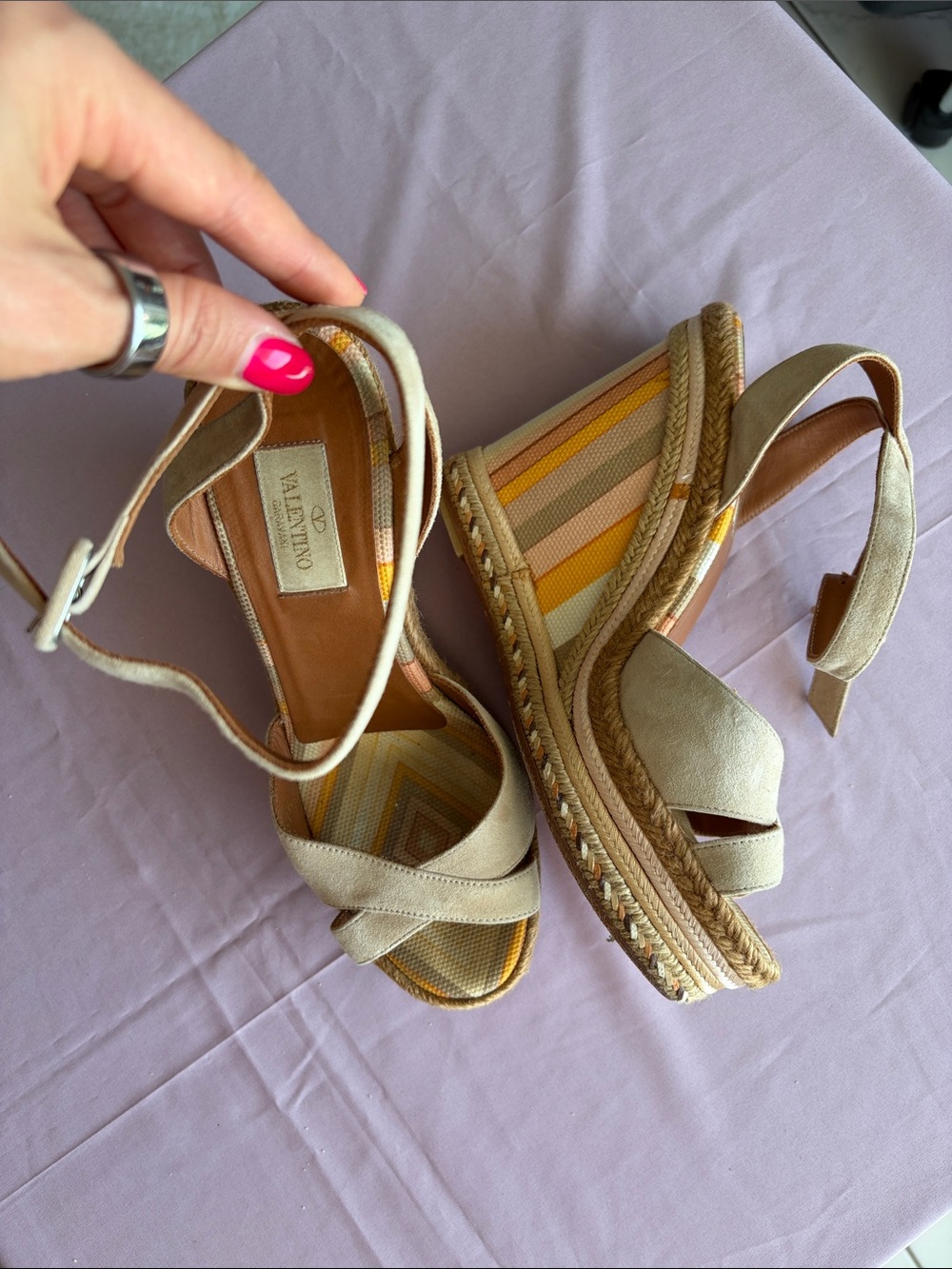 Valentino Beige Espadrille Wedge Sandals with Yellow & Pink Stripe Inset 37.5